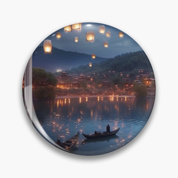 Item preview, Window view of lake with lanterns and boat in lake designed and sold by zand-n-zive.