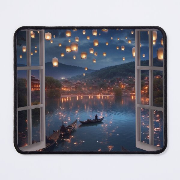 Item preview, Window view of lake with lanterns and boat in lake designed and sold by zand-n-zive.