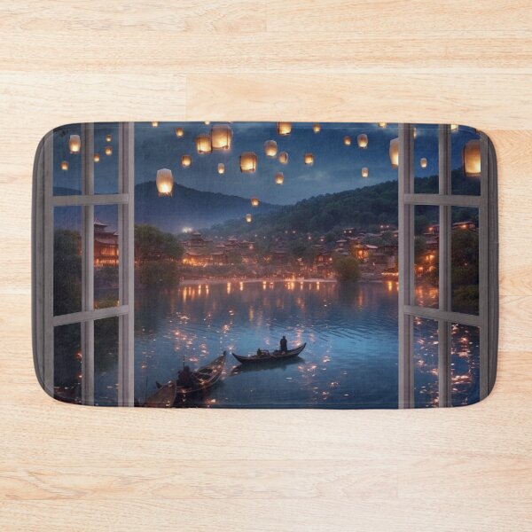 Item preview, Window view of lake with lanterns and boat in lake designed and sold by zand-n-zive.