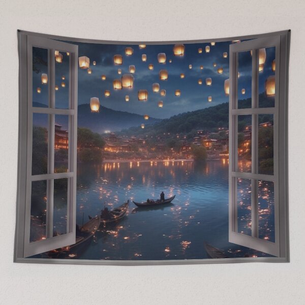 Item preview, Window view of lake with lanterns and boat in lake designed and sold by zand-n-zive.