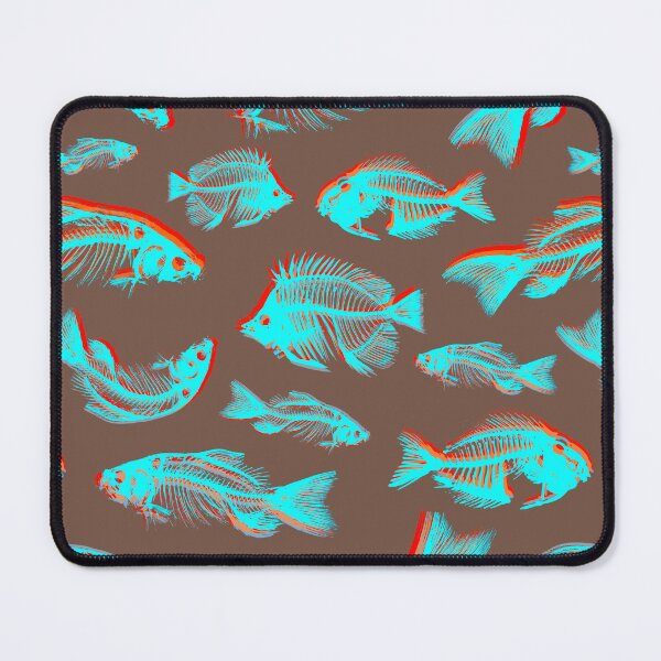 Item preview, Skeleton Fish bones pattern with blue, orange, red fish on a grey background designed and sold by Pear Tree Studio.