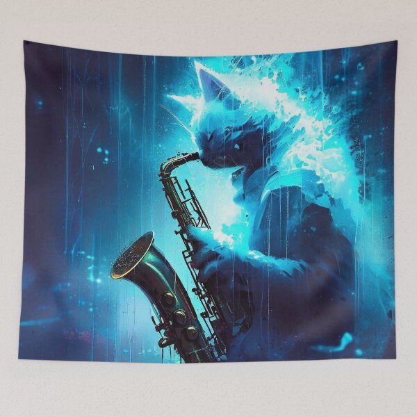 Item preview, Ghost cat playing on saxophone in the rain designed and sold by TomFrontierArt.