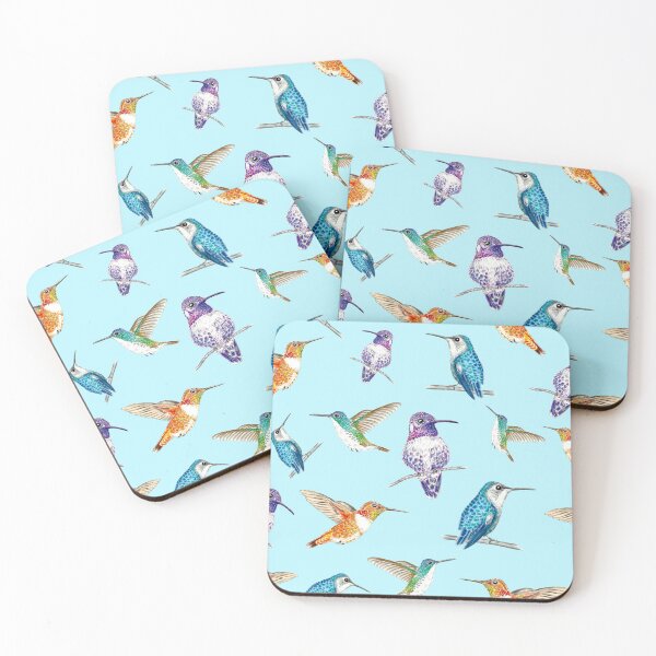 Item preview, Four Illustrated Hummingbirds Tossed Pattern, Purple, Blue, Teal and Orange, Teal Background designed and sold by Sockstomistic.