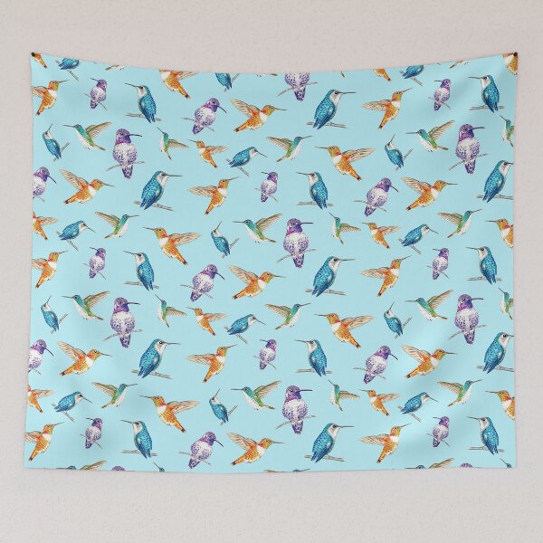Item preview, Four Illustrated Hummingbirds Tossed Pattern, Purple, Blue, Teal and Orange, Teal Background designed and sold by Sockstomistic.