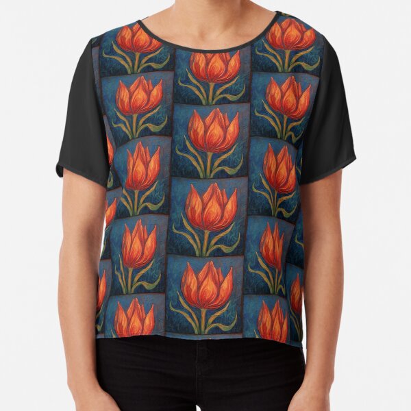 Folk Art Orange Tulip Blossoming Tile Pattern Chiffon Top