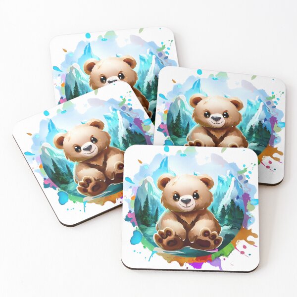 Item preview,  Cute and sweet baby bear in a pine forest with mountains designed and sold by ArtandSmile.