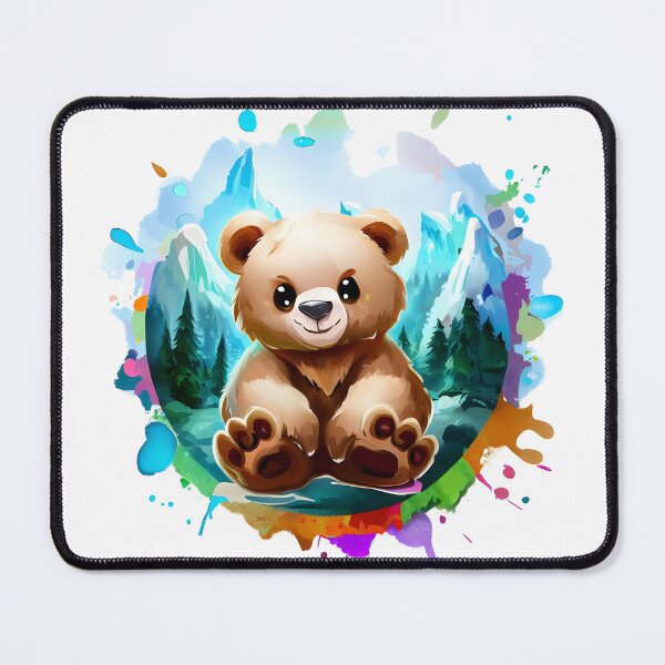 Item preview, Cute and sweet baby bear in a pine forest with mountains designed and sold by ArtandSmile.