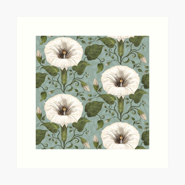Aperçu de l'œuvre Dreamy Moonflower sur bleu-vert créée et vendue par Silver Steer Design.