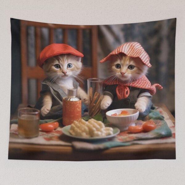 Item preview, Two cute kittens in a red hat are sitting at the table and drinking tea. designed and sold by aiphotosart.