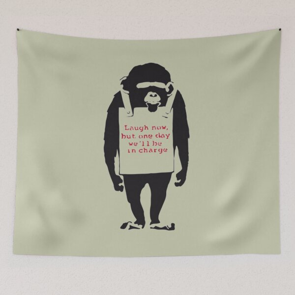 Item preview, Banksy Quote Monkey Chimpanze Laugh Now, but one day we'll be in charge Graffiti Street art with Banksy signature tag and funny red stripes  designed and sold by JamarcusEggers.