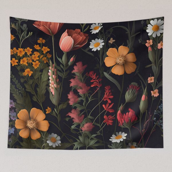 Item preview, Enigmatic Blooms: Field Flowers Pattern with Demon Woman Face designed and sold by TheBlackPixelCo.