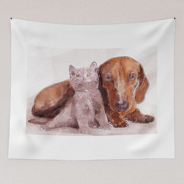 Item preview, British kitten and dog dachshund Painting | dog painting t-shirt  designed and sold by KARTICK DUTTA.