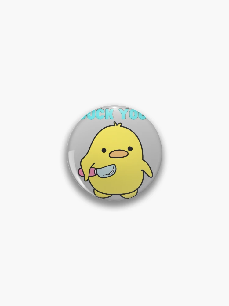 Button for Sale mit Lustige Ente mit Messer „Duck You!“ grauer  Hintergrund von DesigningZoo