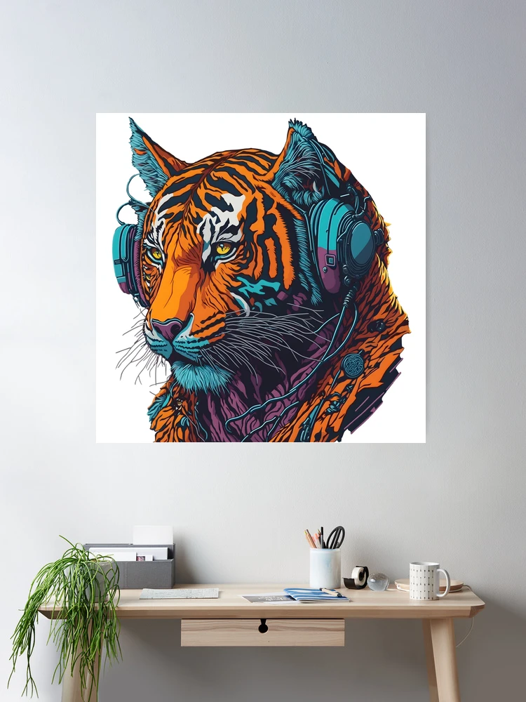 Cool Anthropomorphic DJ Tiger with Headphone Street Art Graffiti