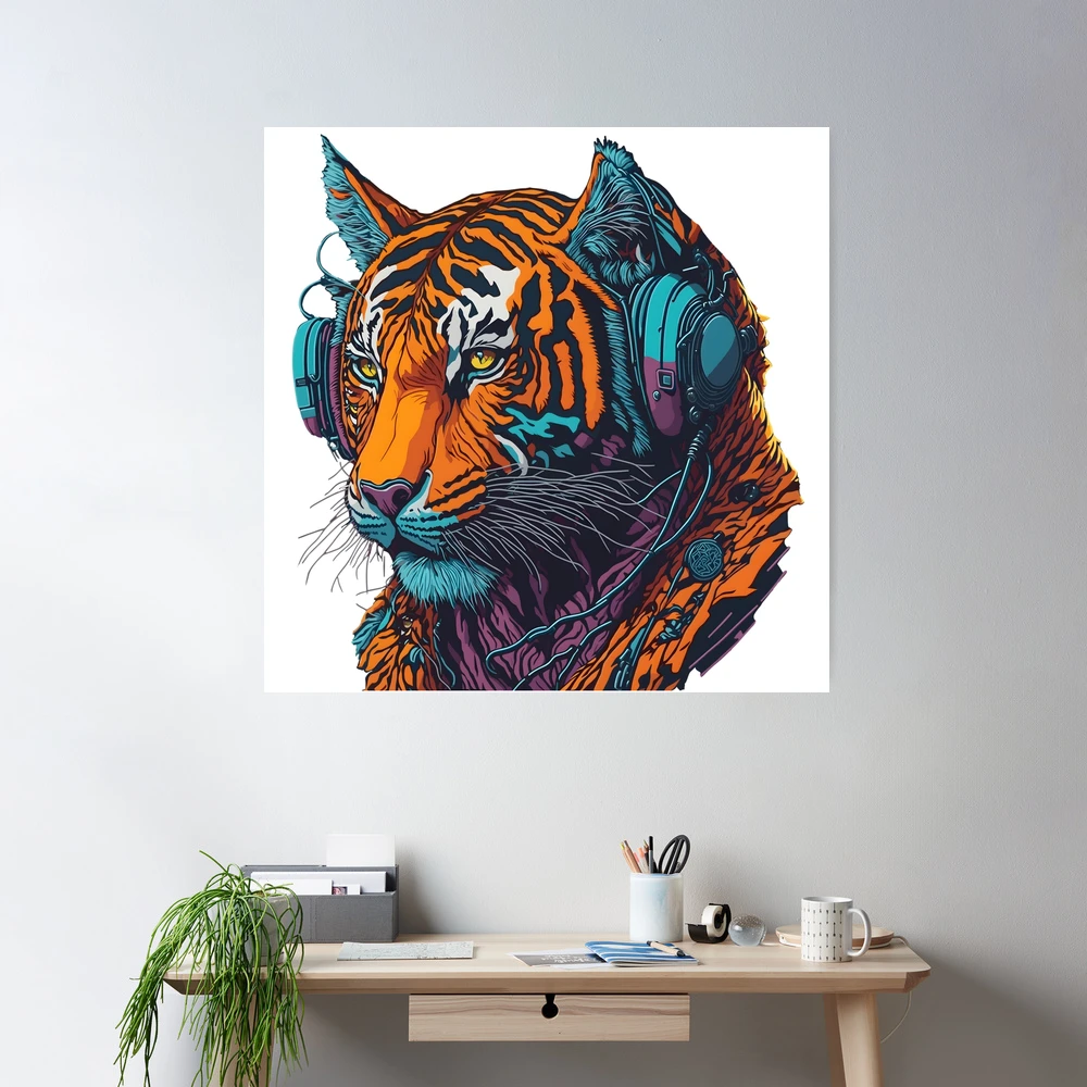 Cool Anthropomorphic DJ Tiger with Headphone Street Art Graffiti