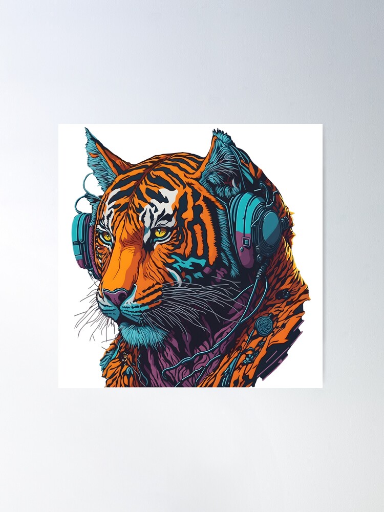 Cool Anthropomorphic DJ Tiger with Headphone Street Art Graffiti