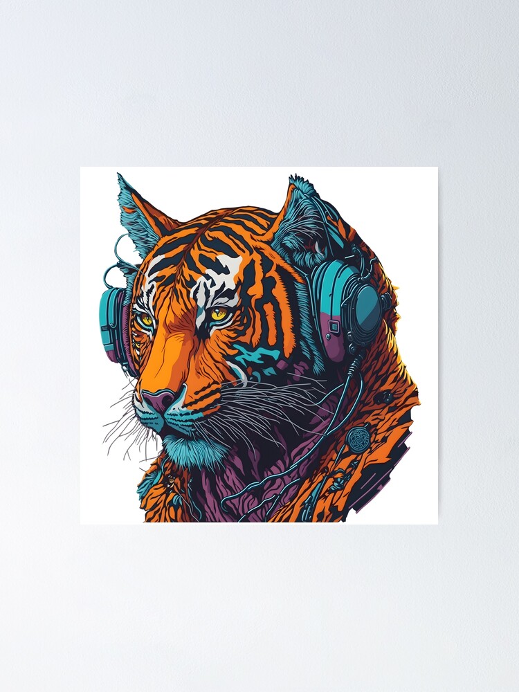 Cool Anthropomorphic DJ Tiger with Headphone Street Art Graffiti
