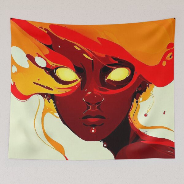 Item preview, Dark skin woman with yellow glowing eyes and red and amber hairs inkblot  designed and sold by TomFrontierArt.