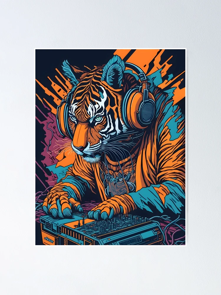 Anthropomorphic Graffiti DJ Tiger with Headphone Turntable Street