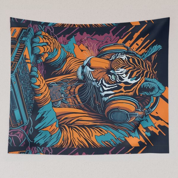 Item preview, Anthropomorphic Graffiti DJ Tiger with Headphone Turntable Street Art for Music Lover  designed and sold by Cawaiico.