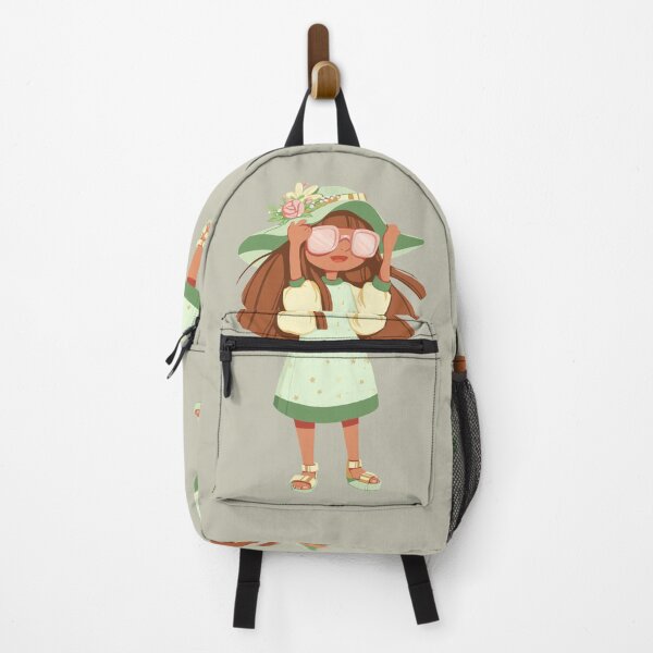 Item preview, Cute cartoon girl in pink glasses and a summer green outfit with golden sandals designed and sold by MoonWhisperArt.