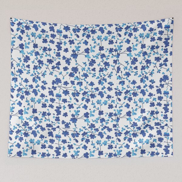 Item preview, flat abstract double gauze fabric pattern, blue and purple flowers with white color designed and sold by kiyaansh16.