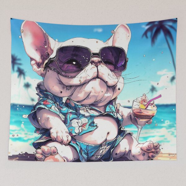 Item preview, Funy little bulldog in sunglasses, hawaii shirt and shorts on tropical beach designed and sold by TomFrontierArt.