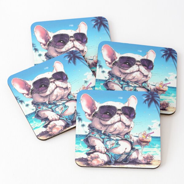 Item preview, Funy little bulldog in sunglasses, hawaii shirt and shorts on tropical beach designed and sold by TomFrontierArt.