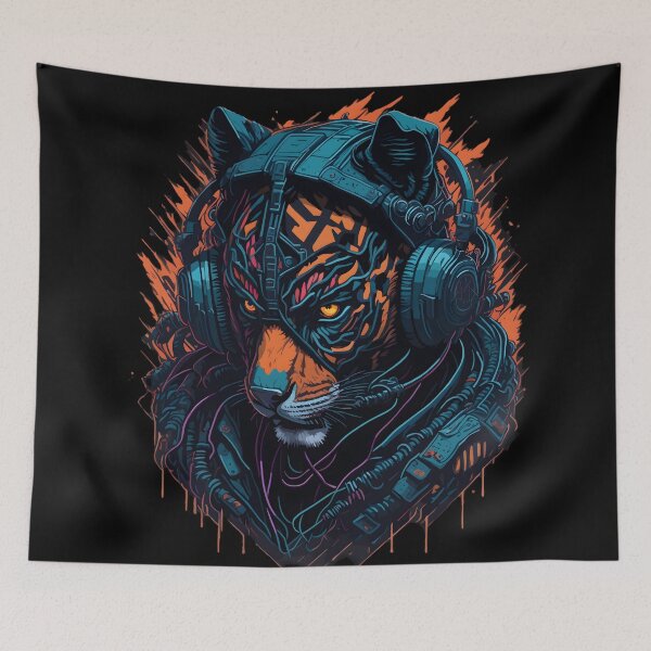 Item preview, Mysterious Hooded Anthropomorphic Mercenary Tiger with Headphone Street Art Graffiti designed and sold by Cawaiico.