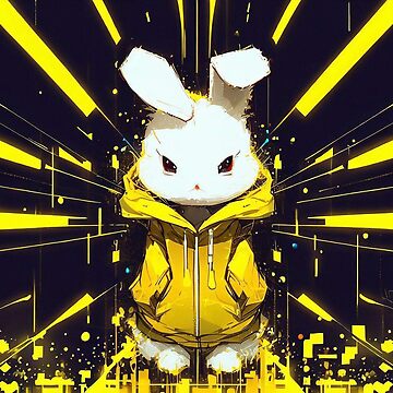 Cute rabbit in yellow hoodie cyber anime style