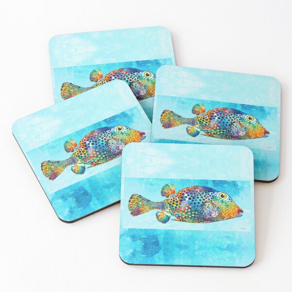 Item preview, Colorful Tropical Puffer Fish Art on Beach Blue designed and sold by Sharon Cummings Art.