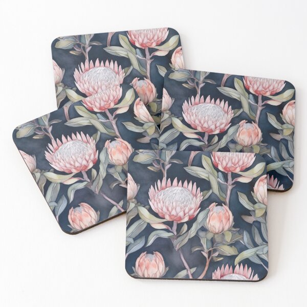 Item preview, Pink proteas on dark background designed and sold by Lillypot-Prints.