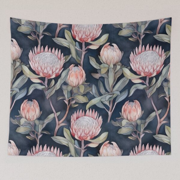 Item preview, Pink proteas on dark background designed and sold by Lillypot-Prints.