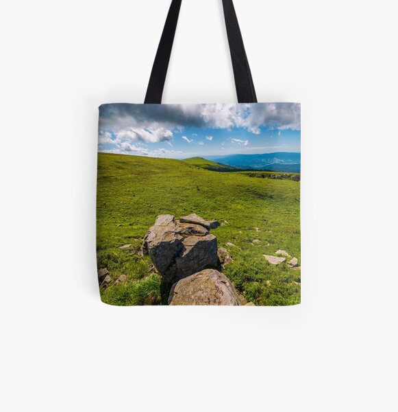 giant boulders on grassy slopes of Polonina Runa All Over Print Tote Bag