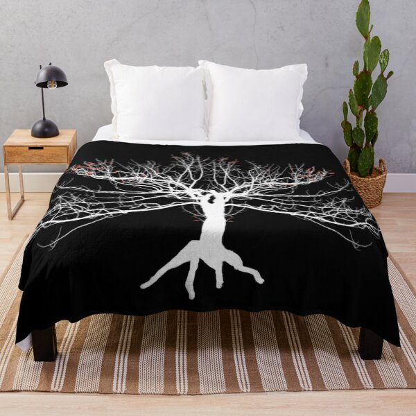 Item preview, White bare tree with a few red remaining leaves on black background designed and sold by Jane Domenech.
