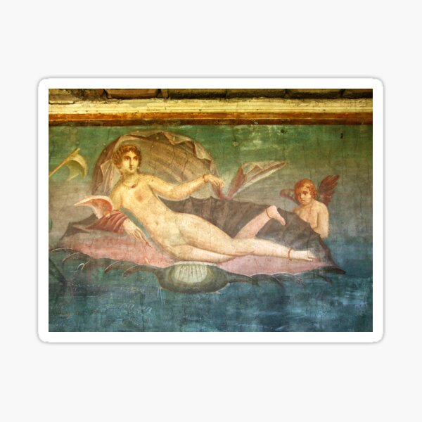 Naked Woman. Venus on Clamshell, Fresco, Pompeii, Roman. Sticker