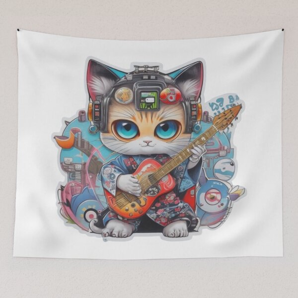 Item preview, Adorable kimono-clad cat guitarist rocking the stage sticker and more. designed and sold by mefirefire.