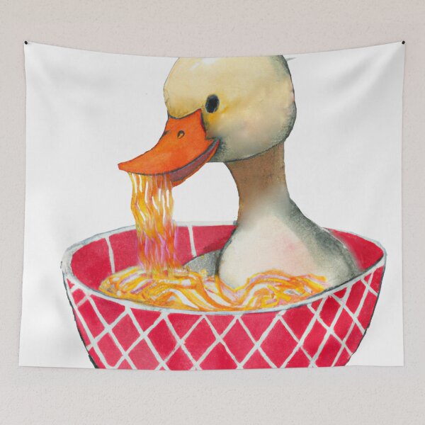 Item preview, Duck sitting on a bowl eating noodle-Edited AI generated art designed and sold by Frostp.