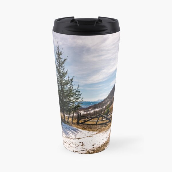 spruce trees near the fence on hillside Travel Mug