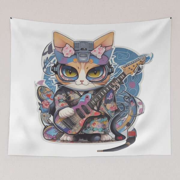 Item preview, Adorable kimono-clad cat guitarist rocking the stage sticker and more. designed and sold by mefirefire.