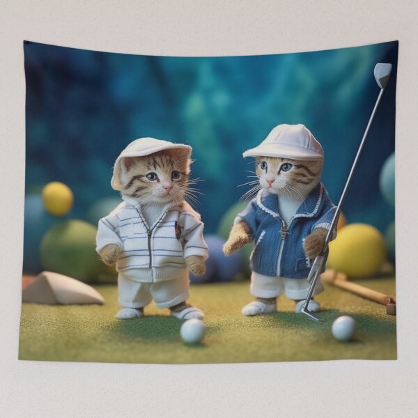Item preview, Two cats playing golf on a green background. Selective focus. designed and sold by aiphotosart.