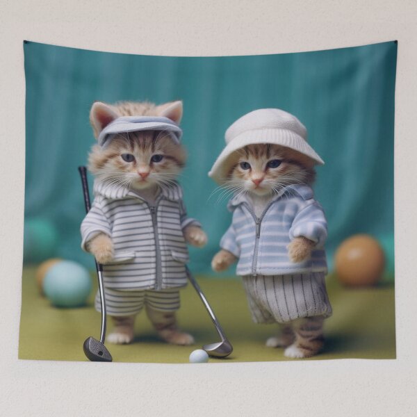Item preview, Two little kittens playing golf on a green background in the studio. designed and sold by aiphotosart.