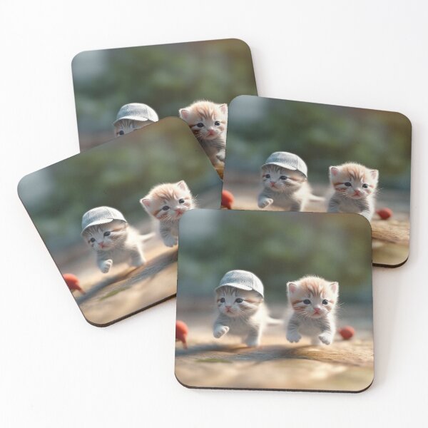 Item preview, Two little kittens in a hat running on the street. Selective focus. designed and sold by aiphotosart.