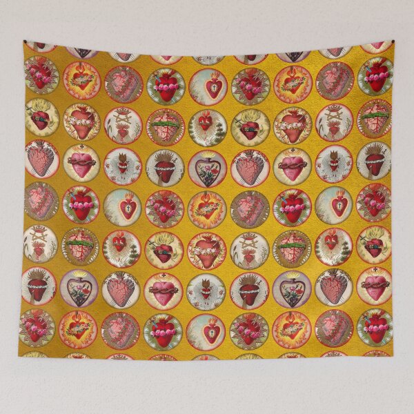 Item preview, Catholic Sacred Hearts pattern on gold background designed and sold by DarkstarDesign.