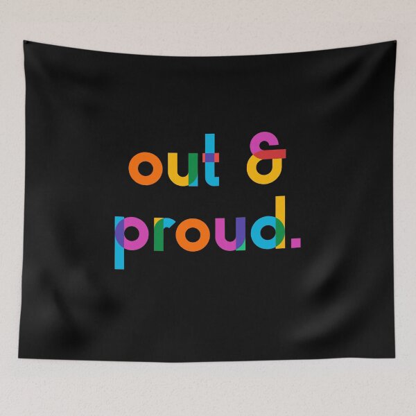 Item preview, OUT & PROUD in colourful typography to celebrate and respect Pride / the LGBTQ+ community - groovy typography in rainbow colours on black to celebrate Pride/LGBTQ+  designed and sold by Dominiquevari.