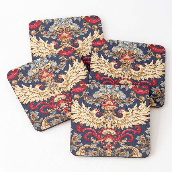 Item preview, Victorian Vintage Pattern Symmetrical | Gold Birds and Red Feather Swirls designed and sold by SweetWhiskers.