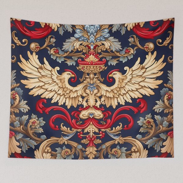 Item preview, Victorian Vintage Pattern Symmetrical | Gold Birds and Red Feather Swirls designed and sold by SweetWhiskers.