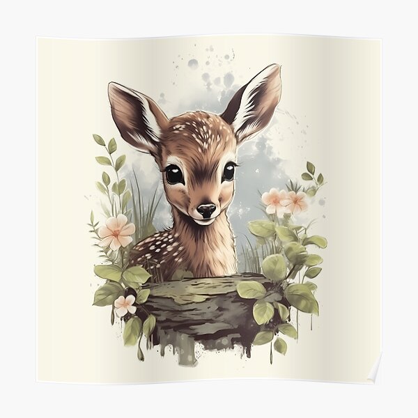 Cute Floral Bambi Watercolor Design Poster