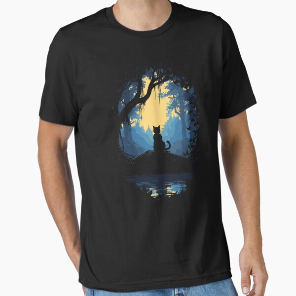 Vista previa del artículo con la obra «Gato negro en el bosque mágico bajo la luz de la luna», diseñado y vendido por BrilliantTShop.