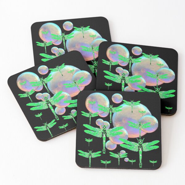 Item preview, SOAP BUBBLES EMERALD GREEN DRAGONFLIES PATTERNS BLACK ART designed and sold by sharlesart.